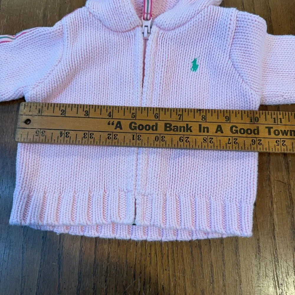 Ralph Lauren Baby Girl 6M Pink Cotton Knit Hooded Zip Sweater Pony Logo